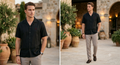 Mediterranean Summer Look: Black Short-Sleeve Cuban Collar Shirt