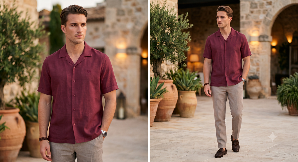 Mediterranean Summer Look: Black Short-Sleeve Cuban Collar Shirt