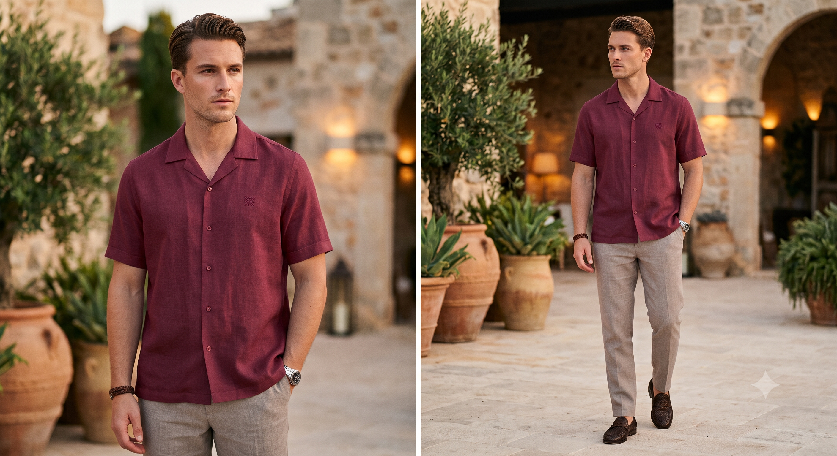 Mediterranean Summer Look: Black Short-Sleeve Cuban Collar Shirt