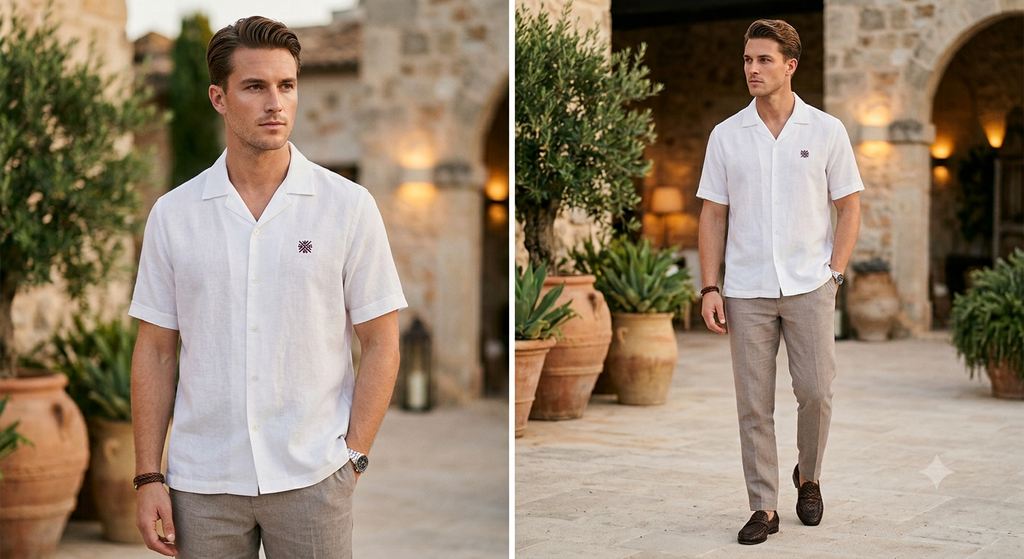 Mediterranean Summer Look: Black Short-Sleeve Cuban Collar Shirt